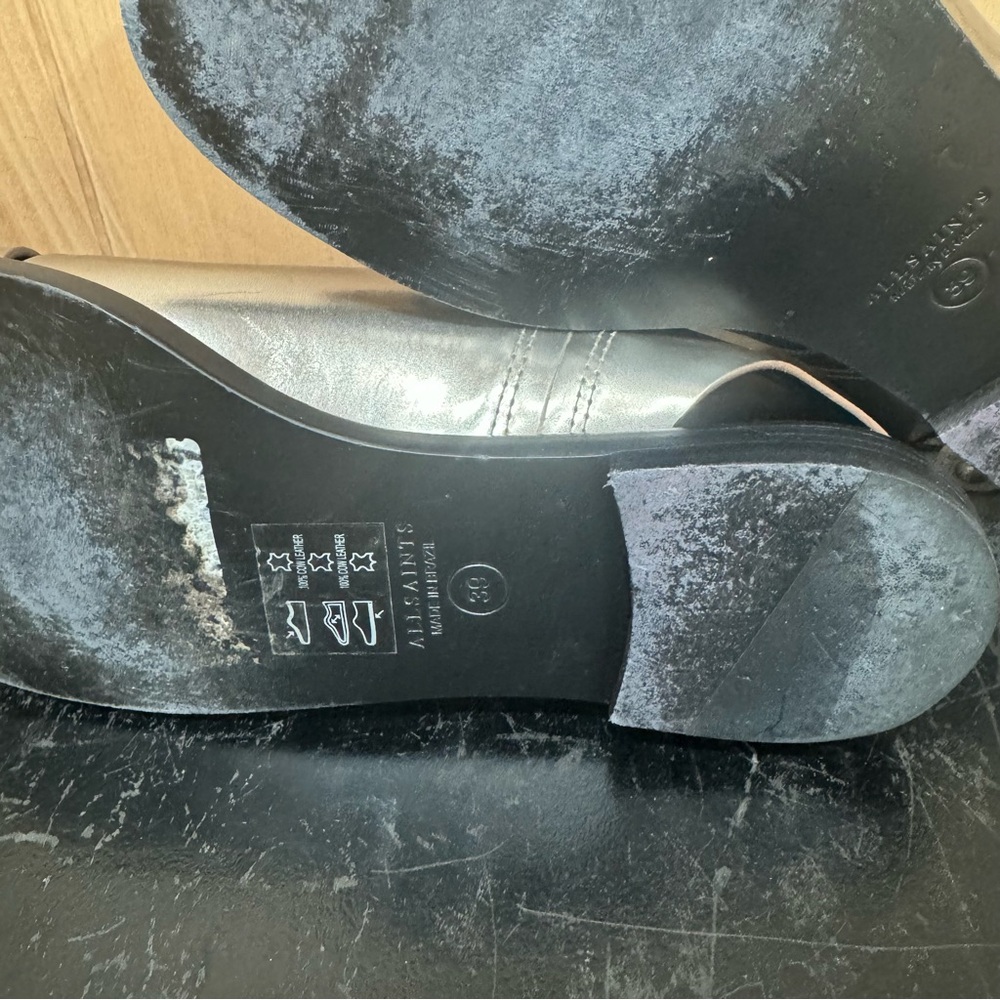 All Saints Leather Pewter Webber Flat Sandals Metallic Size EU 39 - Picture 14 of 16